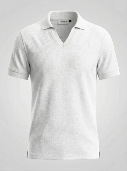 Trevior Premium Honeycomb Combed Cotton Slim Fit V-Neck Polo Shirt for Men Bright White – Structured Collar Design