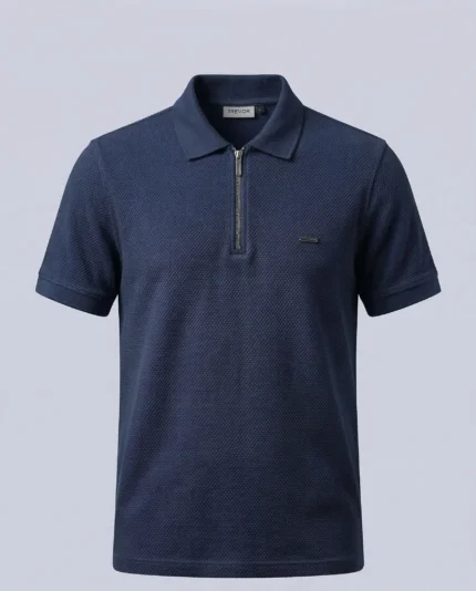 Trevior Premium Popcorn Textured Slim Fit Zipper Polo Shirt for Men-Navy Peonny – 100% Combed Cotton