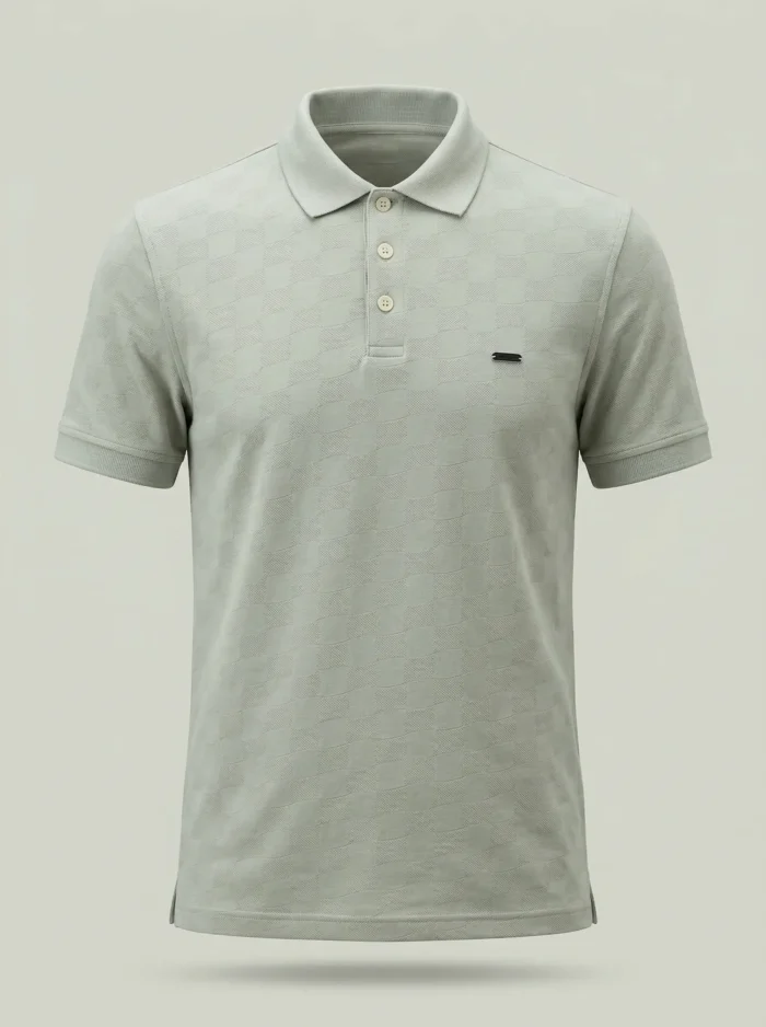 Trevior Premium Combed Cotton Slim Fit 3-Button Polo Shirt for Men Silver Sage-Textured Fabric